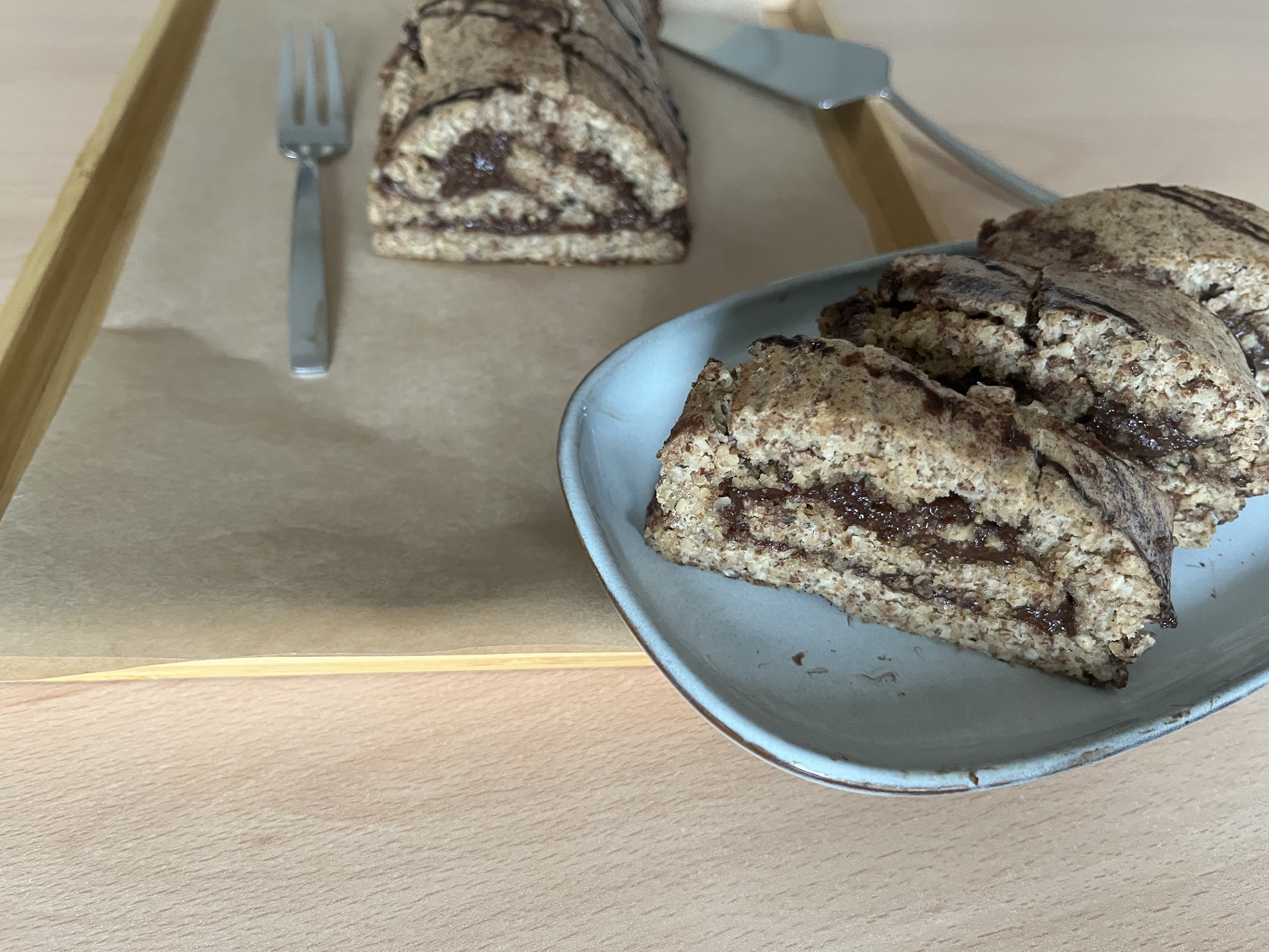 Flourless roll cake is made without flour, naturally sweetened, and filled with wholesome ingredients that provide lasting satiety.